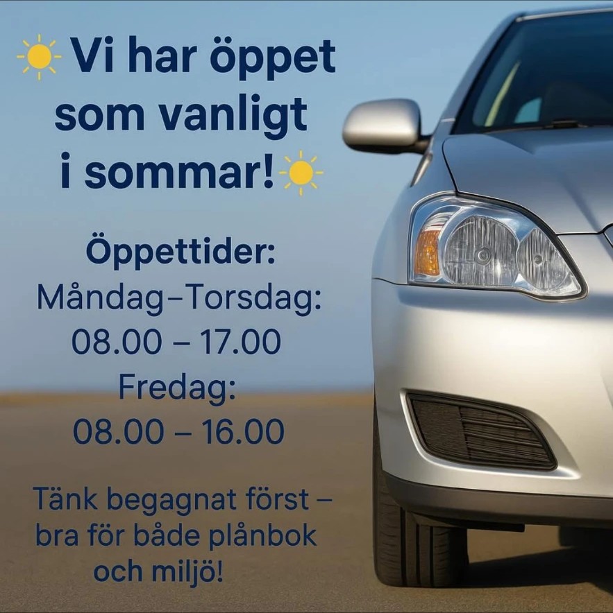 Facebook-inlägg: Vi har öppet som vanligt i sommar – mån–tors 08.00–17.00, fre 08.00–16.00