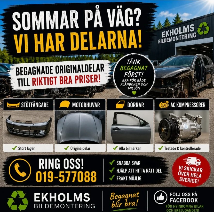 Facebook-inlägg: Sommar på väg? Vi har delarna! Stötfångare, motorhuvar, dörrar och AC-kompressorer