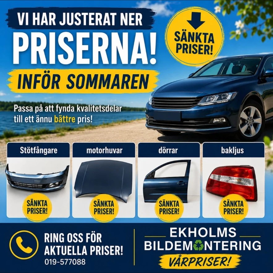 Facebook-inlägg: Vi har justerat ner priserna inför sommaren – stötfångare, motorhuvar, dörrar och bakljus