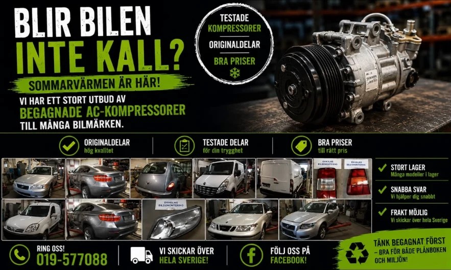 Facebook-inlägg: Blir bilen inte kall? Stort utbud av begagnade AC-kompressorer